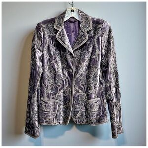 Elie Tahari Purple Paisley Blazer | Velvet Finish | Tailored Luxury Jacket